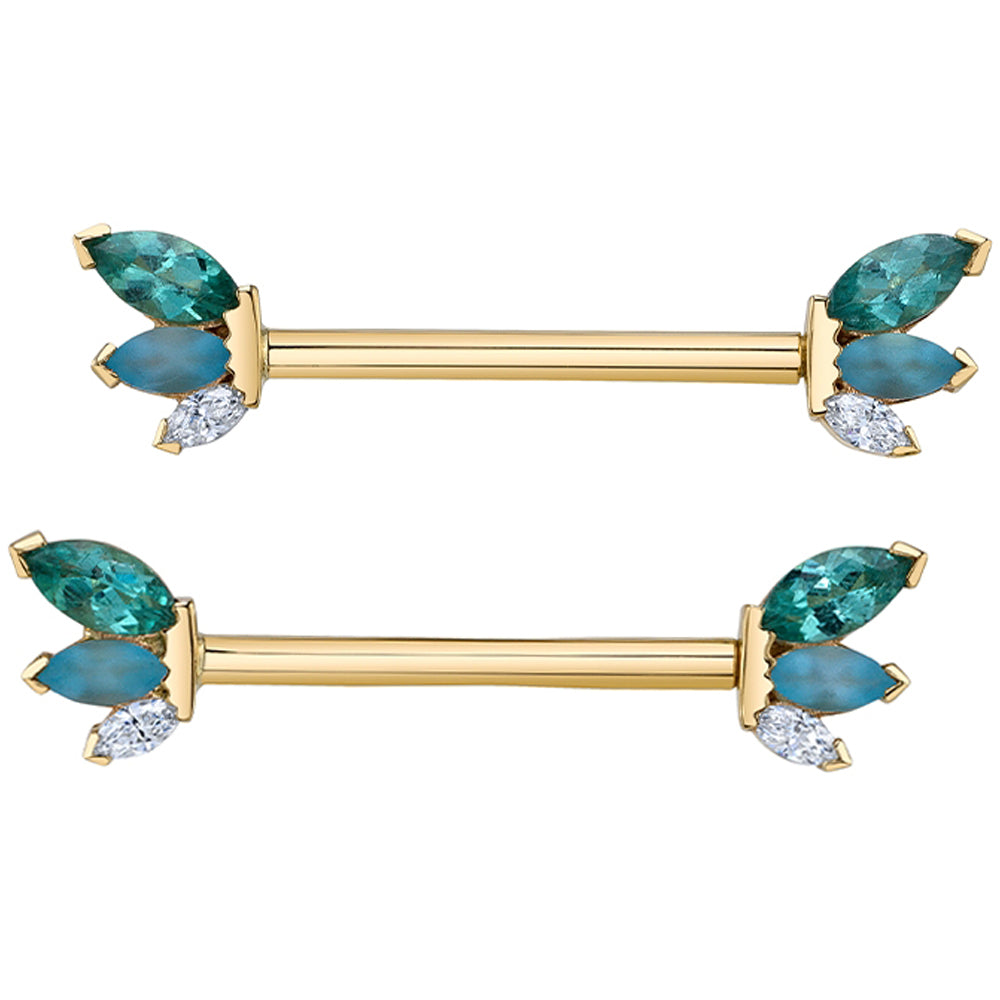 "French Kiss" Forward Facing Nipple Barbells in Gold with Seafoam Tourmaline, Sandblasted Swiss Blue Topaz & Diamonds