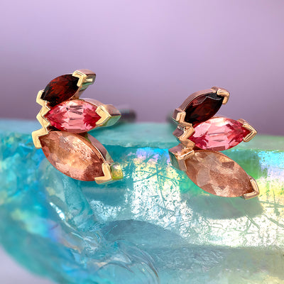 "French Kiss" Threaded End in Gold with Oregon Sunstone, Padparadscha Sapphire & Garnet