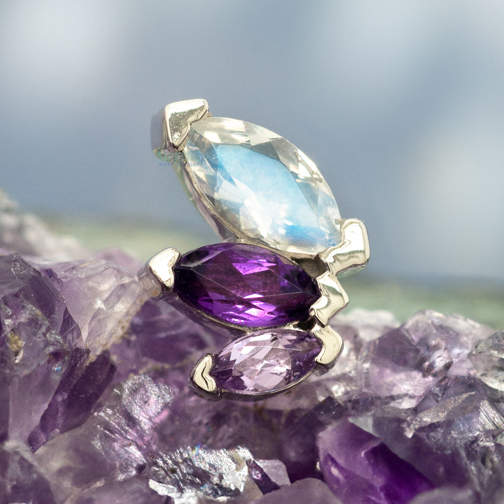 "French Kiss" Threaded End in Gold with Rainbow Moonstone, Amethyst & Light Amethyst