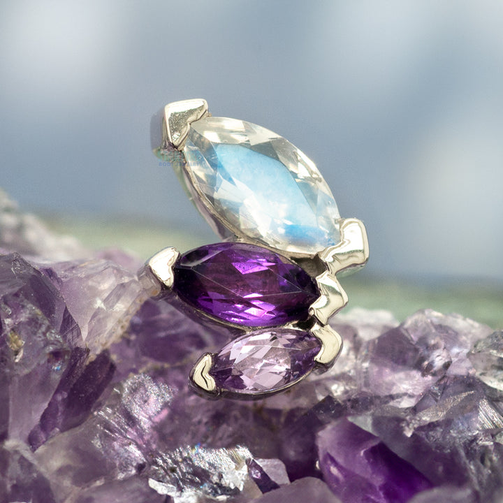 "French Kiss" Threaded End in Gold with Rainbow Moonstone, Amethyst & Light Amethyst