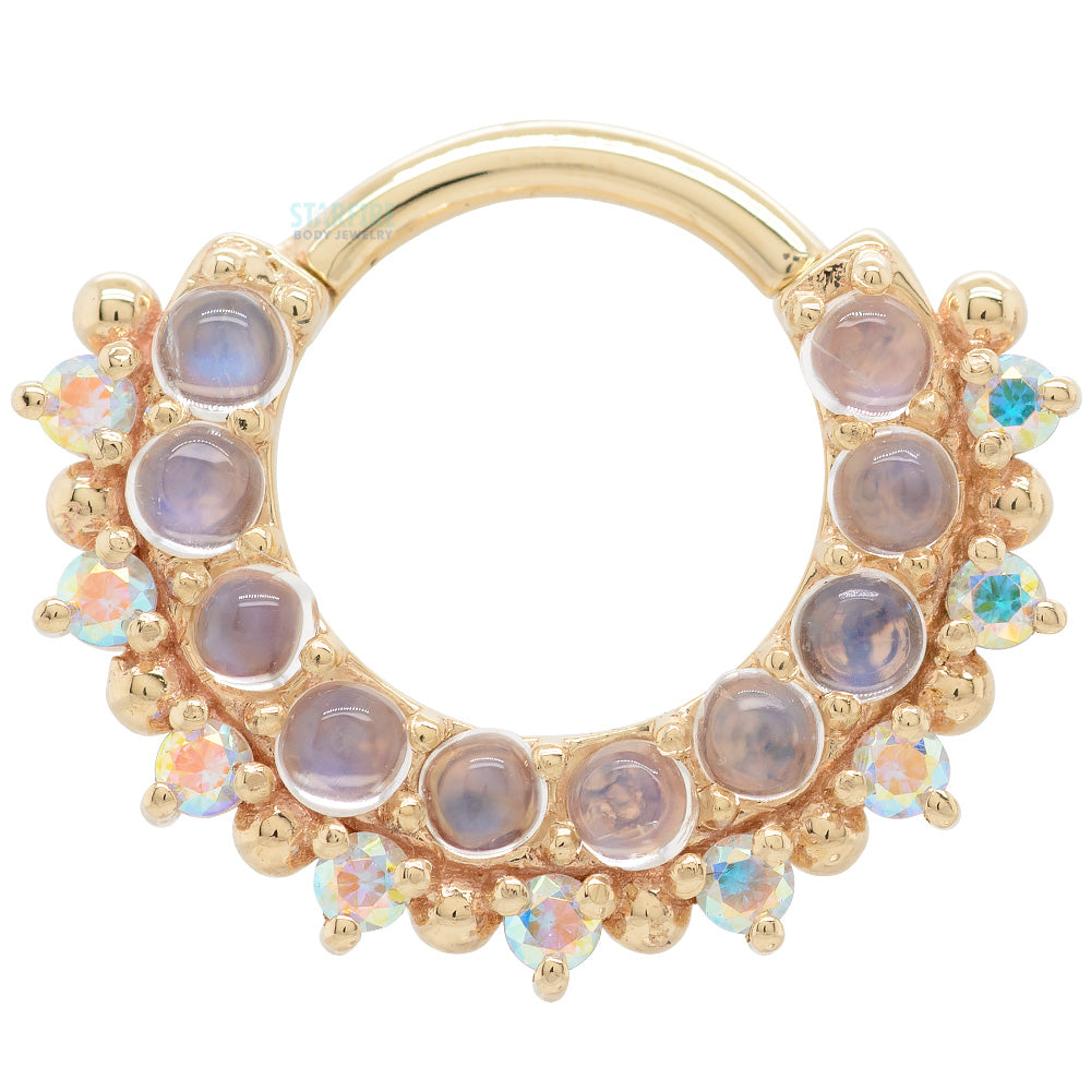 "Horizon 2" Hinge Ring in Gold with Rainbow Moonstone & Mercury Mist Topaz
