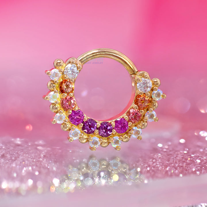 "Horizon 2" Hinge Ring in Gold & Platinum with Pink Gradient Genuine Gemstones & Mercury Mist Topaz