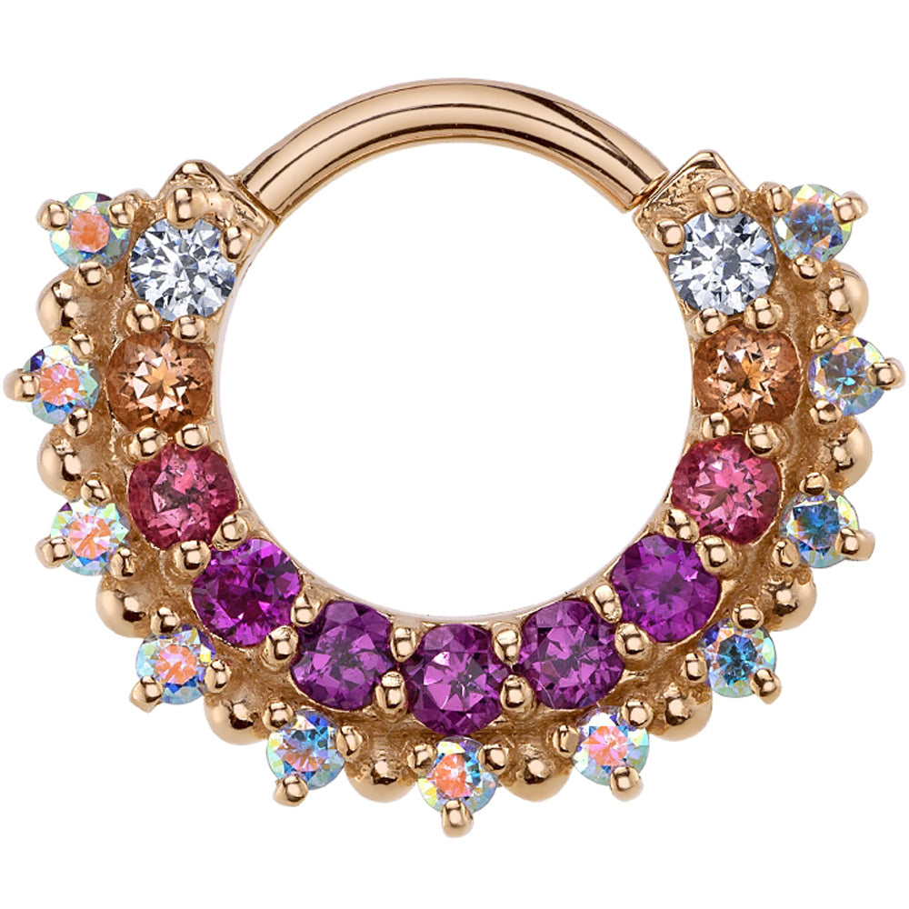 "Horizon 2" Hinge Ring in Gold & Platinum with Pink Gradient Genuine Gemstones & Mercury Mist Topaz