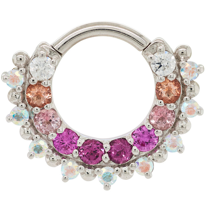 "Horizon 2" Hinge Ring in Gold & Platinum with Pink Gradient Genuine Gemstones & Mercury Mist Topaz