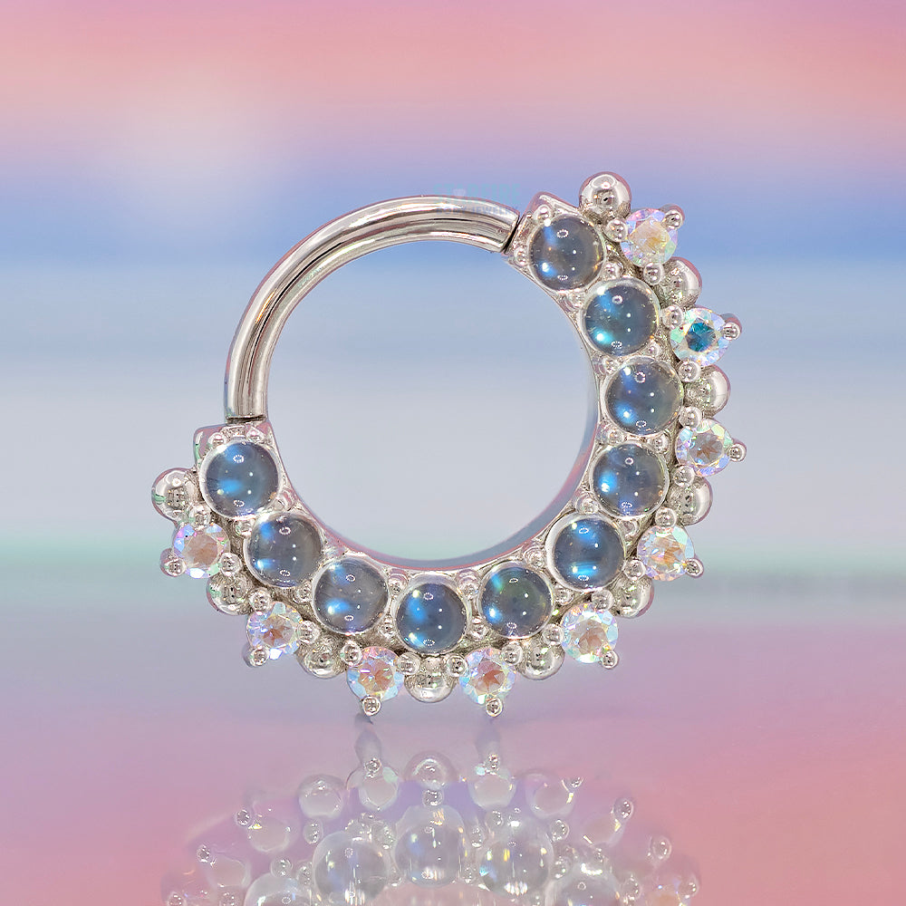 "Horizon 2" Hinge Ring in Gold with Rainbow Moonstone & Mercury Mist Topaz