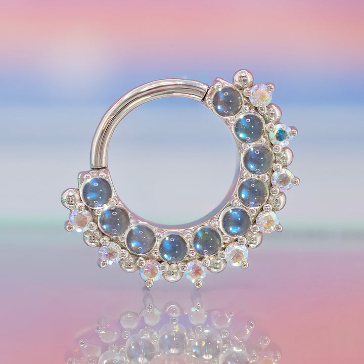 "Horizon 2" Hinge Ring in Gold with Rainbow Moonstone & Mercury Mist Topaz