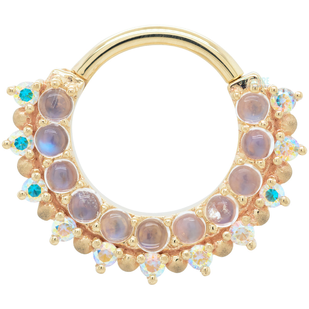 "Horizon 2" Hinge Ring in Gold & Platinum with Rainbow Moonstone & Mercury Mist Topaz with Sandblasted Bead Accents