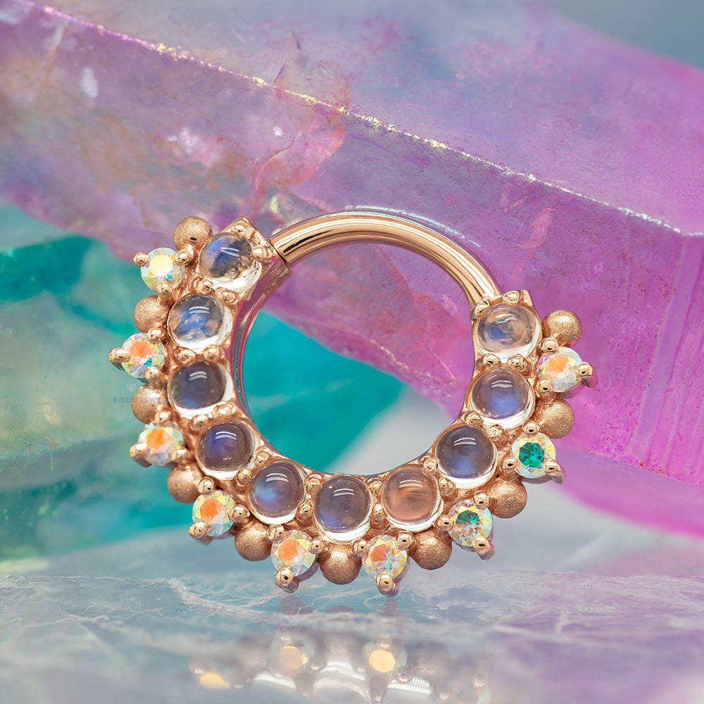 "Horizon 2" Hinge Ring in Gold & Platinum with Rainbow Moonstone & Mercury Mist Topaz with Sandblasted Bead Accents