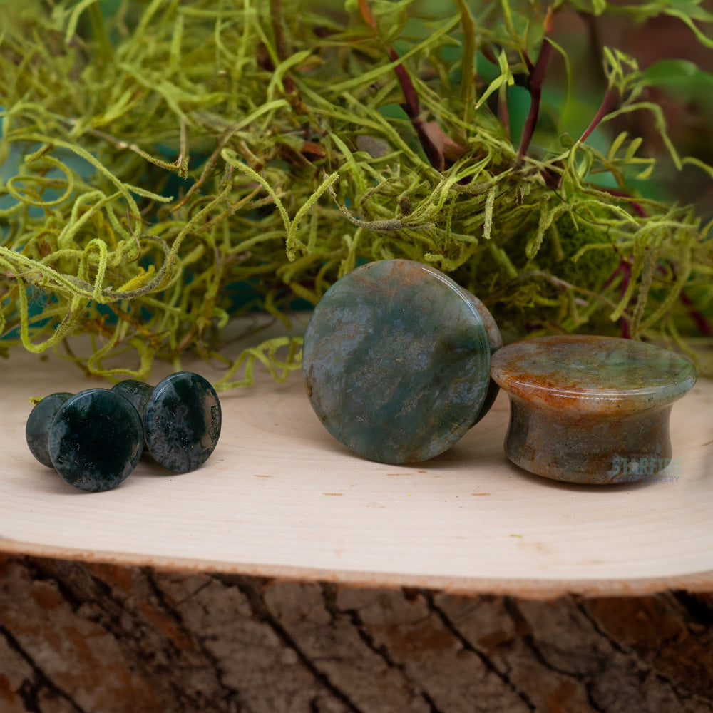 Mayan Style Stone Plugs - Moss Agate