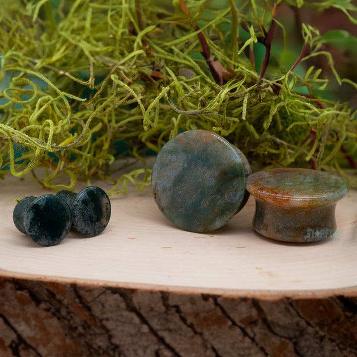 Mayan Style Stone Plugs - Moss Agate