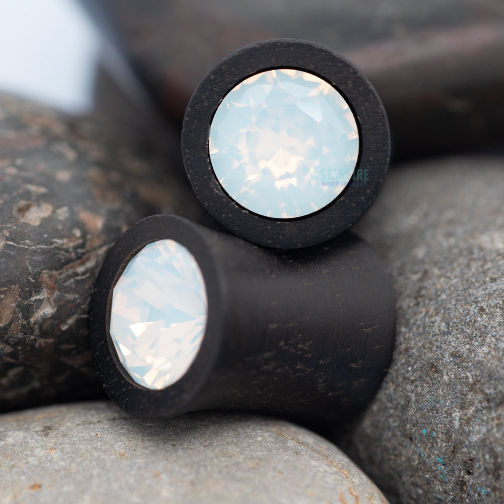 Round Swarovski Plugs in Wood - White Opal