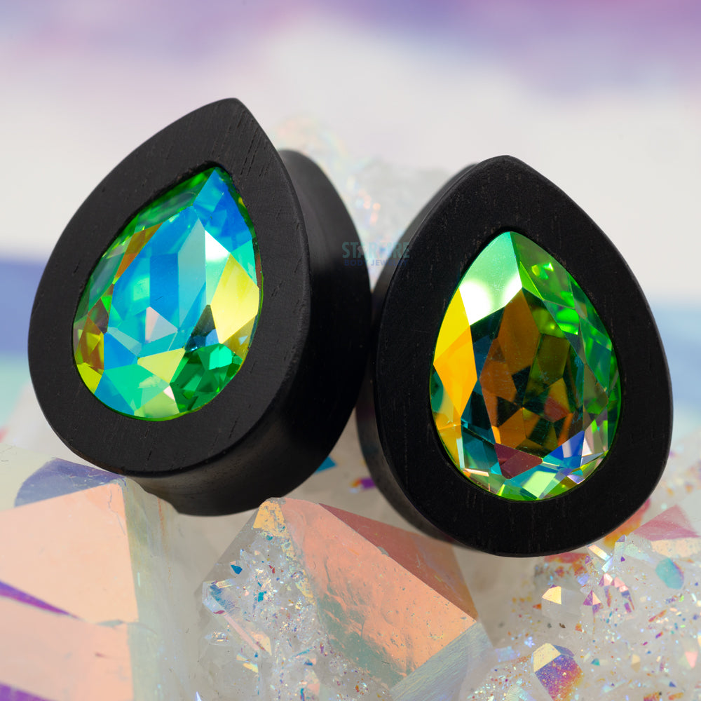 Teardrop Swarovski Plugs in Wood - Peridot AB