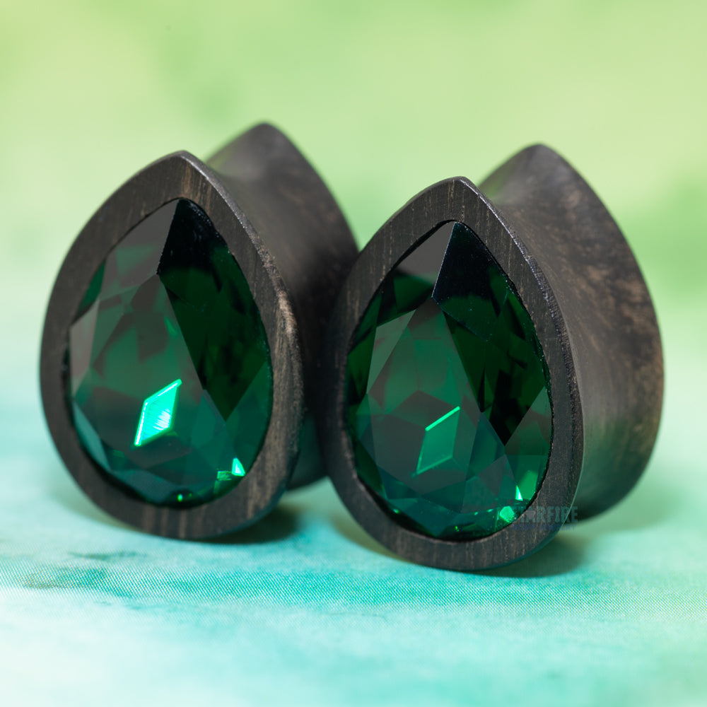 Teardrop Swarovski Plugs in Wood - Emerald