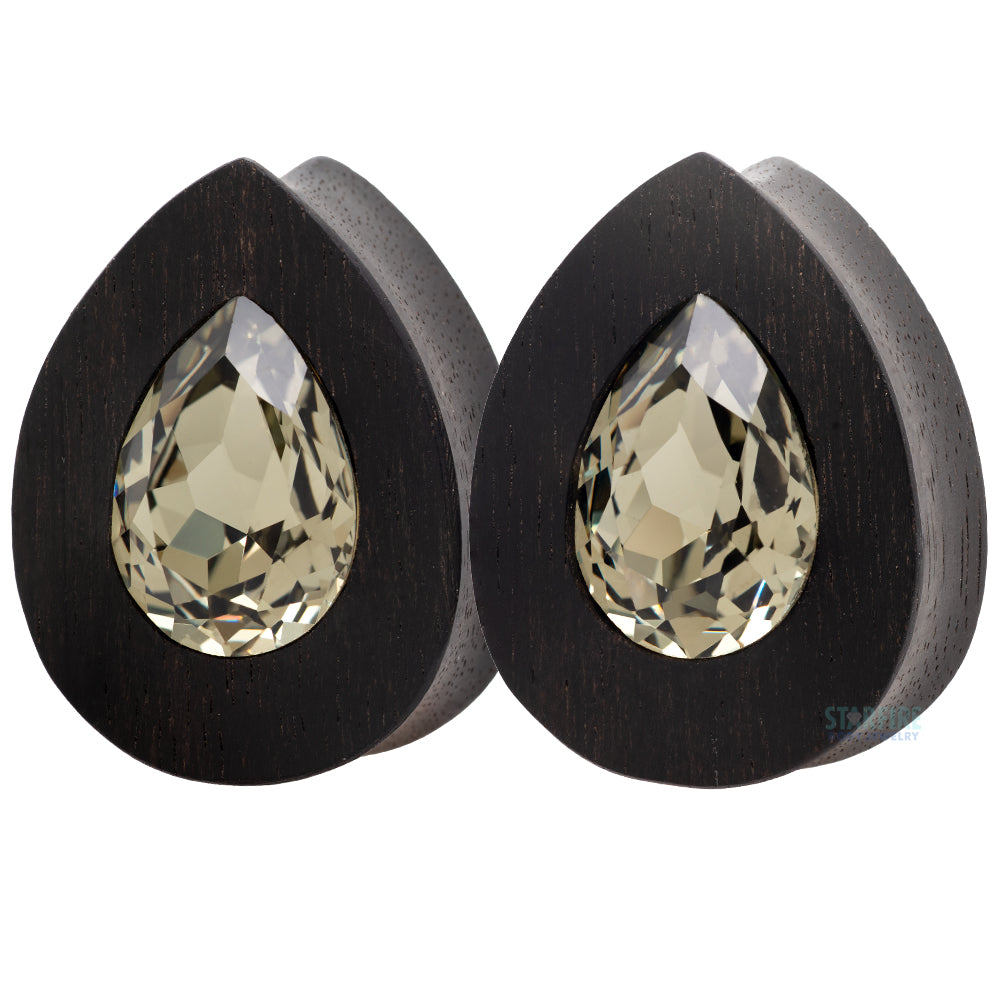 Teardrop Swarovski Plugs in Ebony Wood - Black Diamond