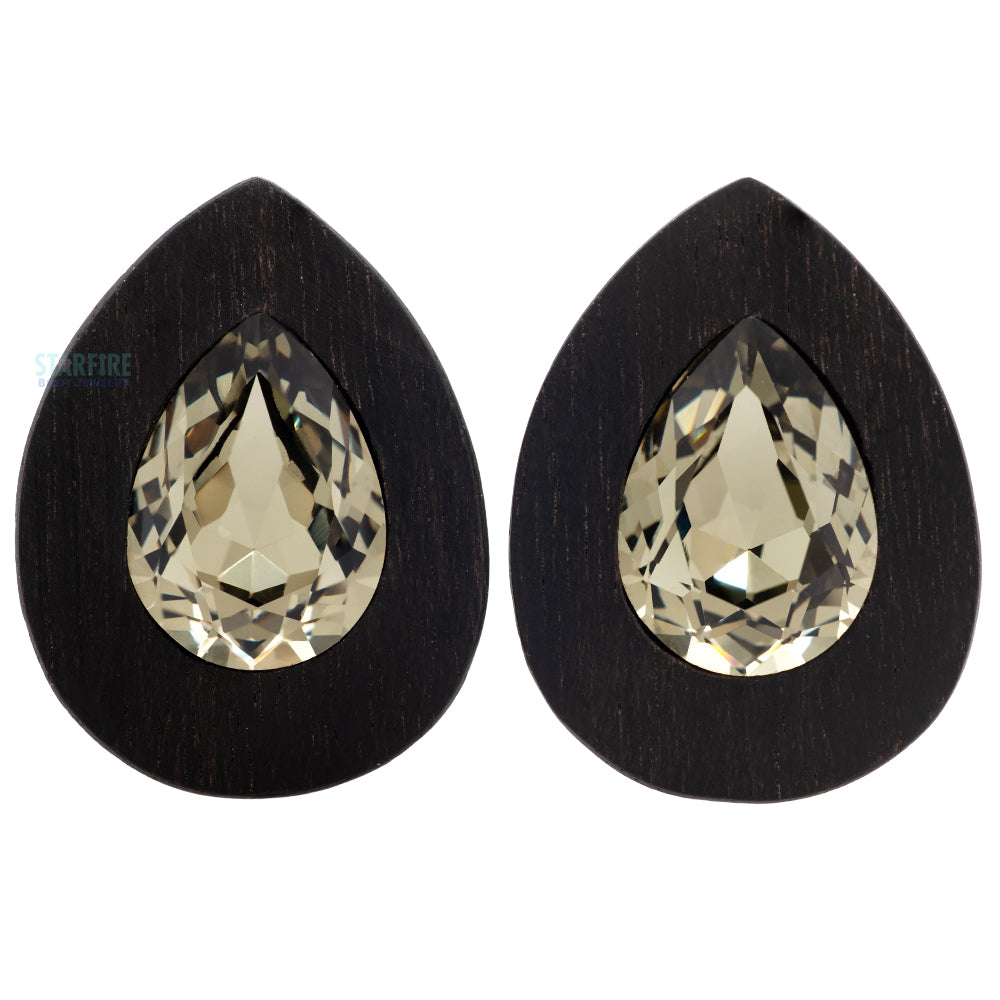 Teardrop Swarovski Plugs in Ebony Wood - Black Diamond