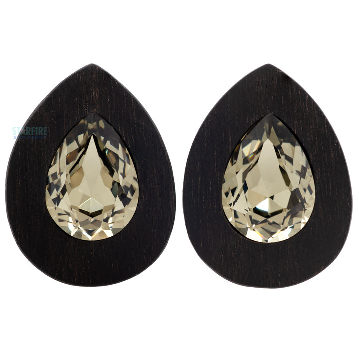 Teardrop Swarovski Plugs in Ebony Wood - Black Diamond