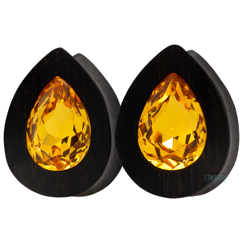 Teardrop Swarovski Plugs in Wood - Light Topaz