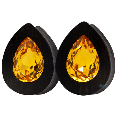 Teardrop Swarovski Plugs in Wood - Light Topaz