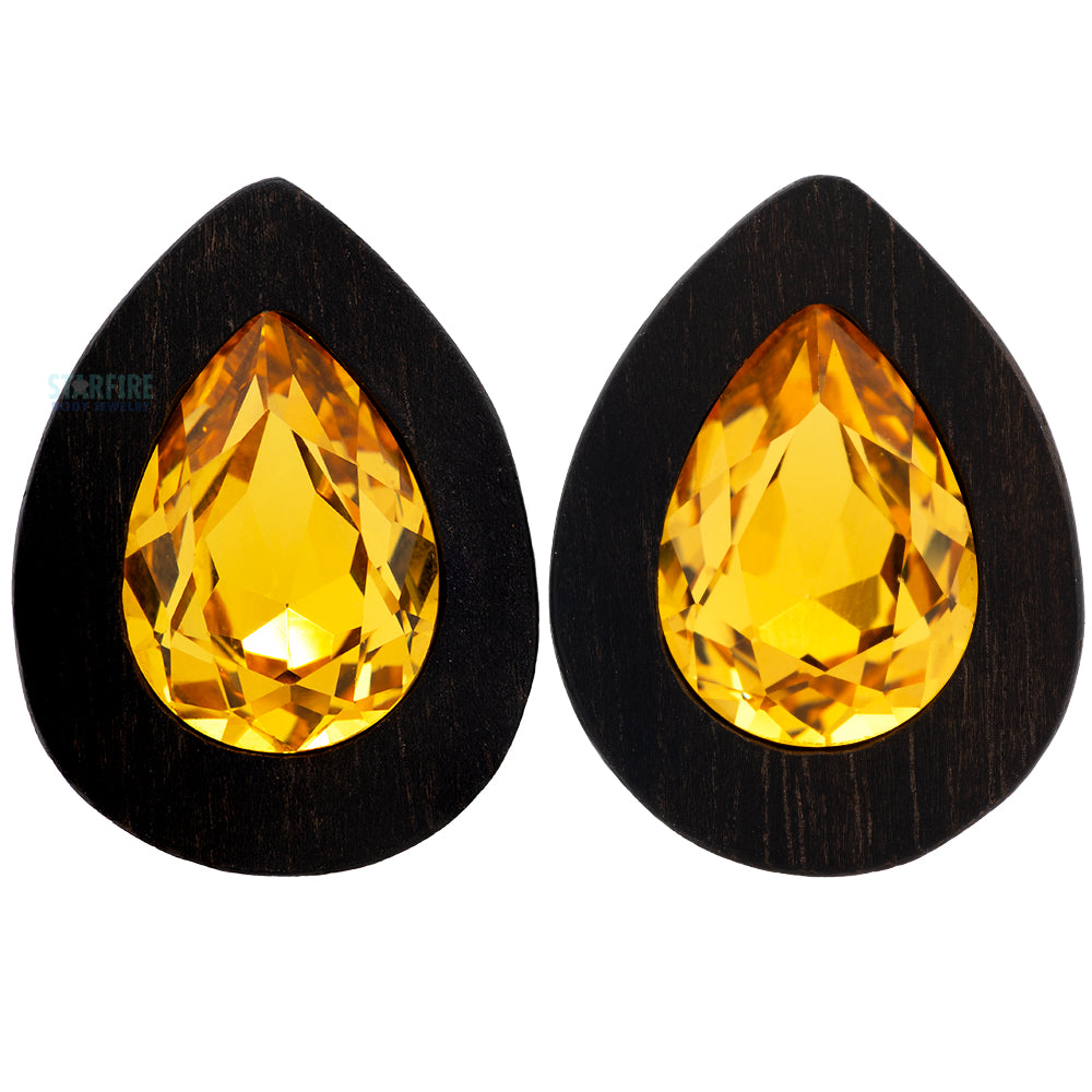 Teardrop Swarovski Plugs in Wood - Light Topaz