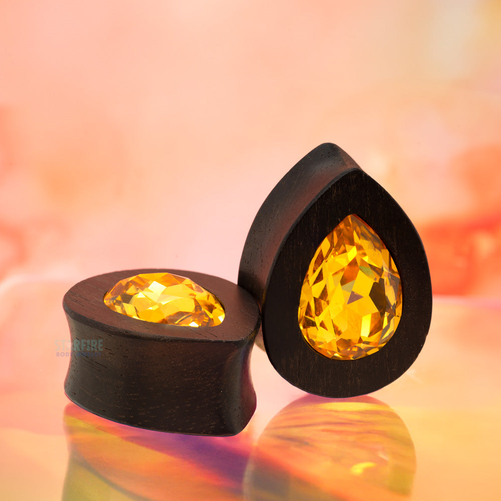 Teardrop Swarovski Plugs in Wood - Light Topaz
