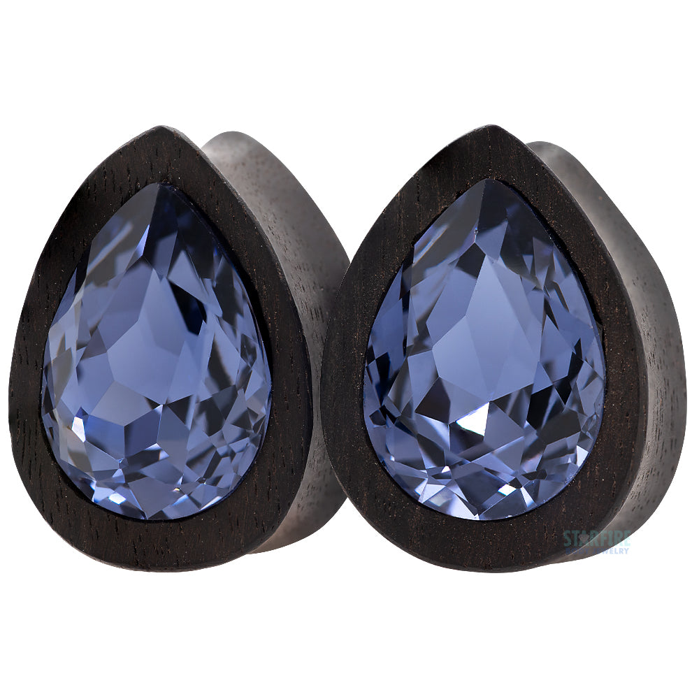 Teardrop Swarovski Plugs in Wood - Tanzanite