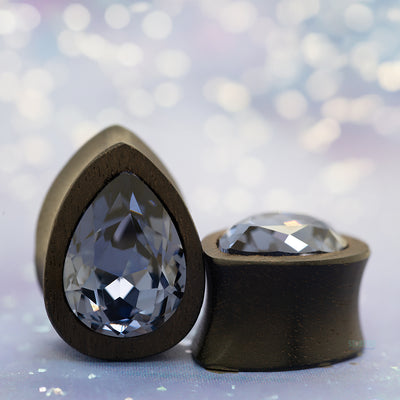 Teardrop Swarovski Plugs in Wood - Tanzanite