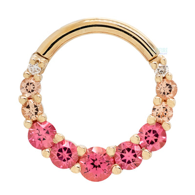 Graduating Gem "Oaktier" Hinge Ring in Gold with Padparadscha Sapphire, Champagne Sapphire & Diamonds