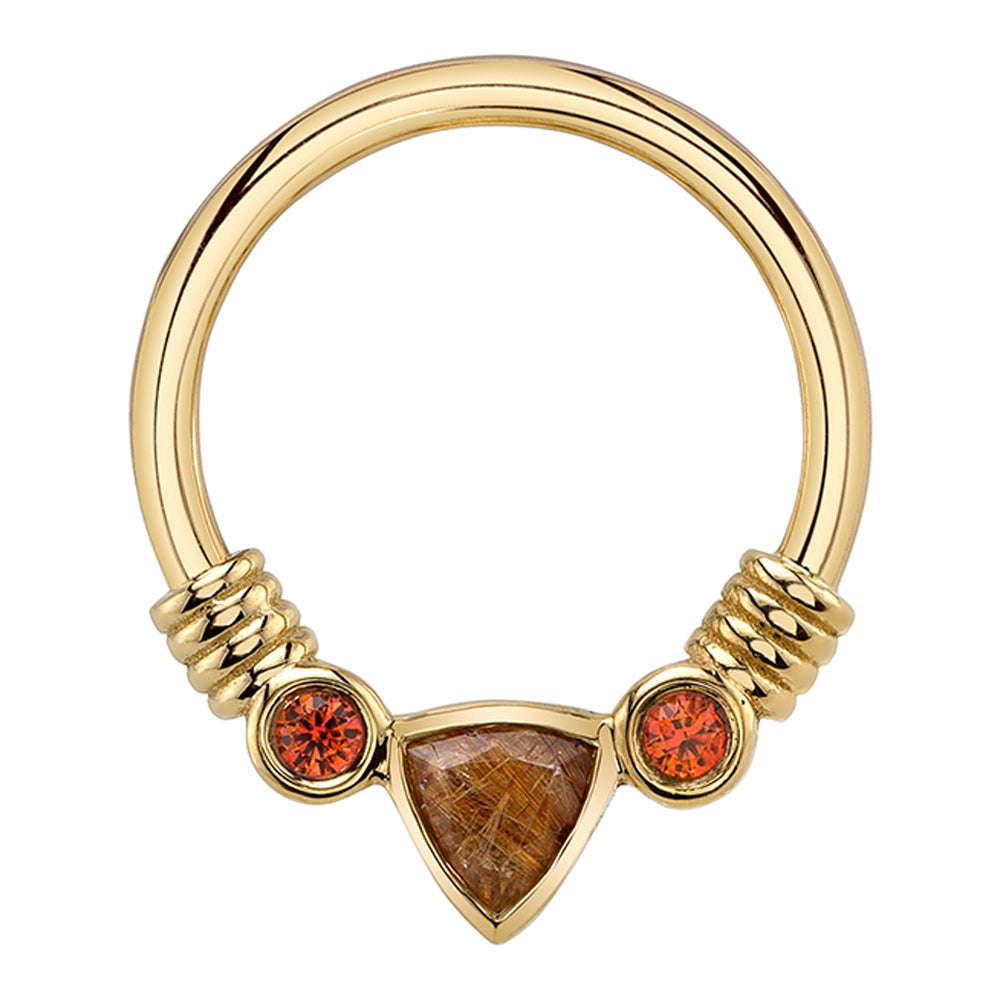 Trillion "Faraway" Seam Ring in Gold with Copper Rutilated Quartz & Anastasia Topaz