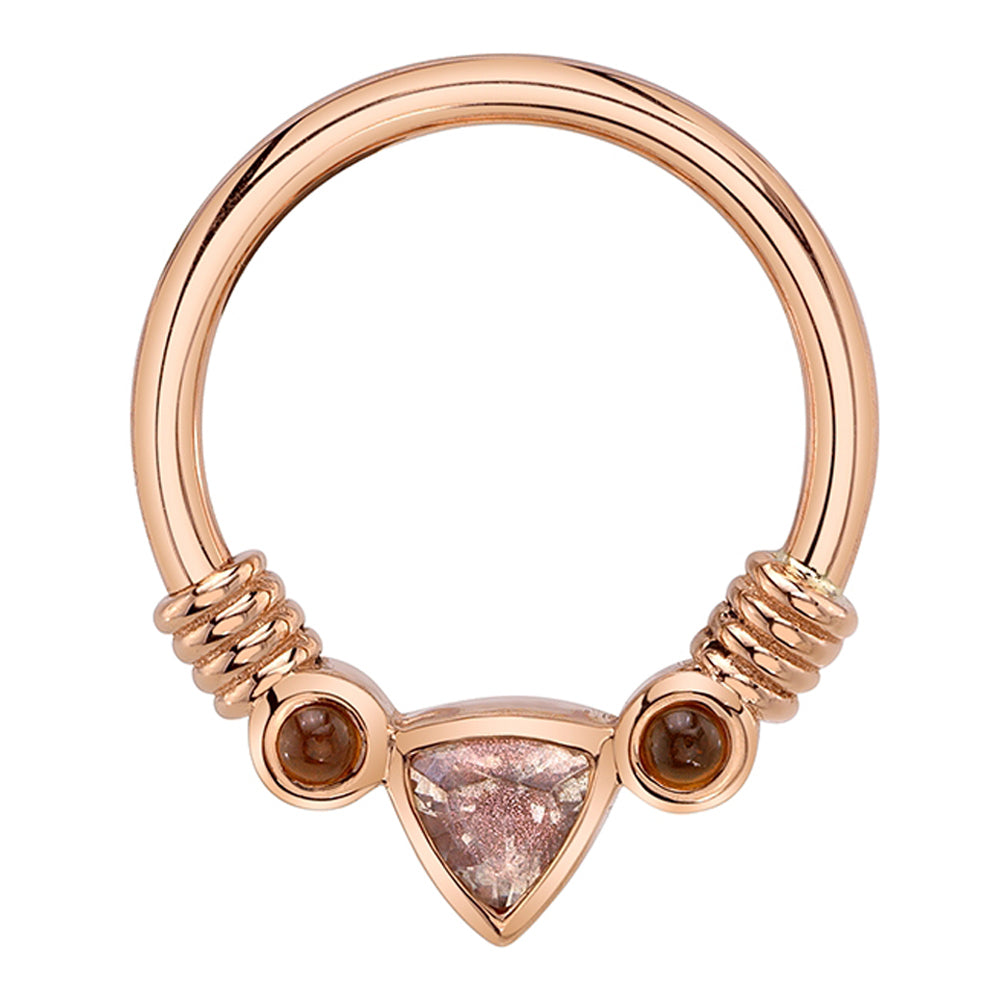 Trillion "Faraway" Seam Ring in Gold with Oregon Sunstone & Citrine Cabochons