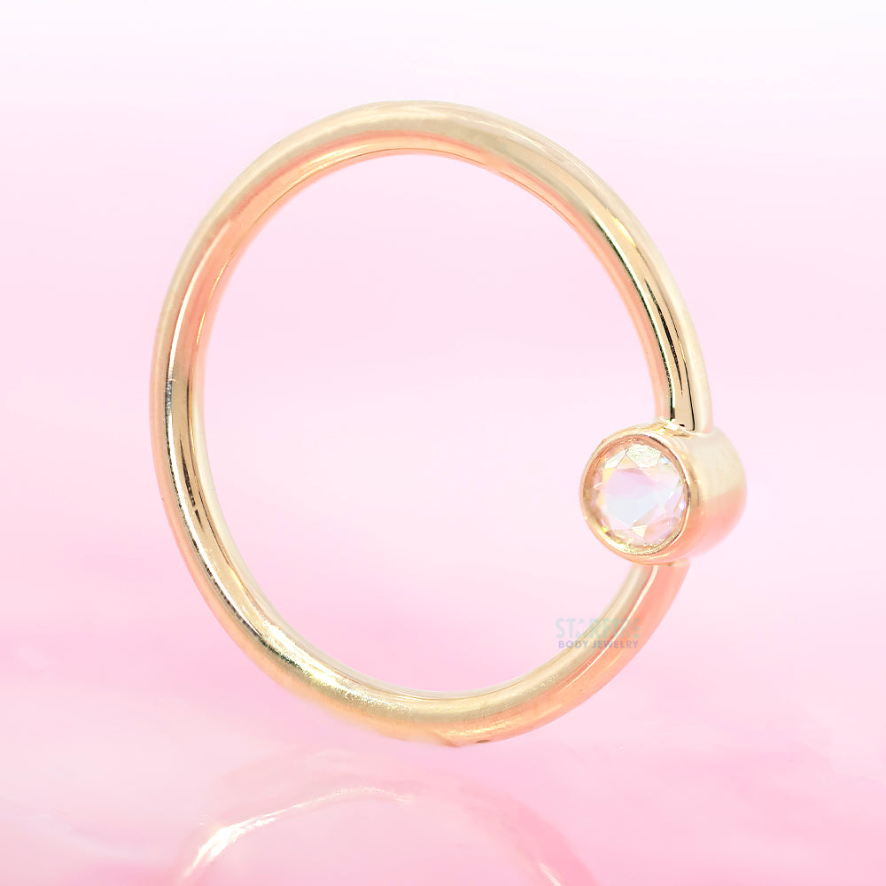 Forward Facing Round Fixed Bezel Seam Ring (FBR) in Gold & Platinum with Mystic Topaz