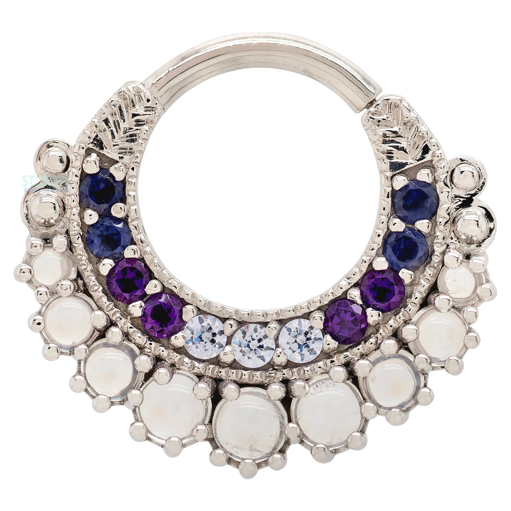 "Marilyn" Hinge Ring in Gold with Rainbow Moonstone, Iolite, Amethyst & Lavender CZ