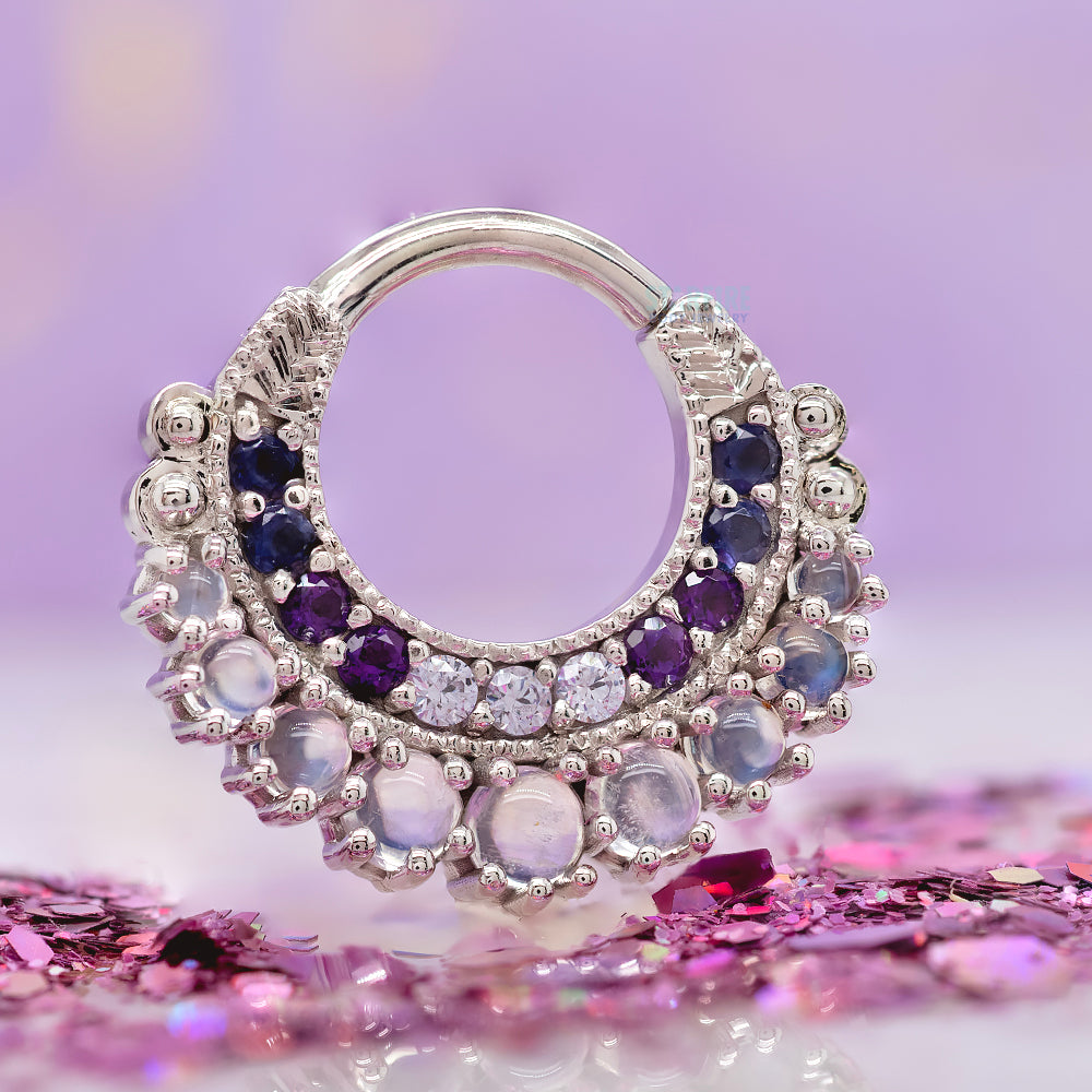 "Marilyn" Hinge Ring in Gold with Rainbow Moonstone, Iolite, Amethyst & Lavender CZ