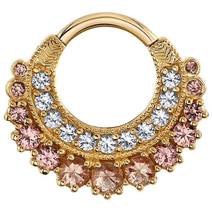 "Marilyn" Hinge Ring in Gold with Oregon Sunstone, White Sapphire & Champagne Sapphire