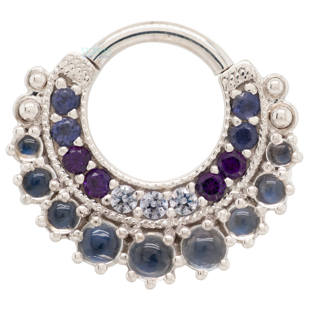 "Marilyn" Hinge Ring in Gold with Rainbow Moonstone, Iolite, Amethyst & Lavender CZ