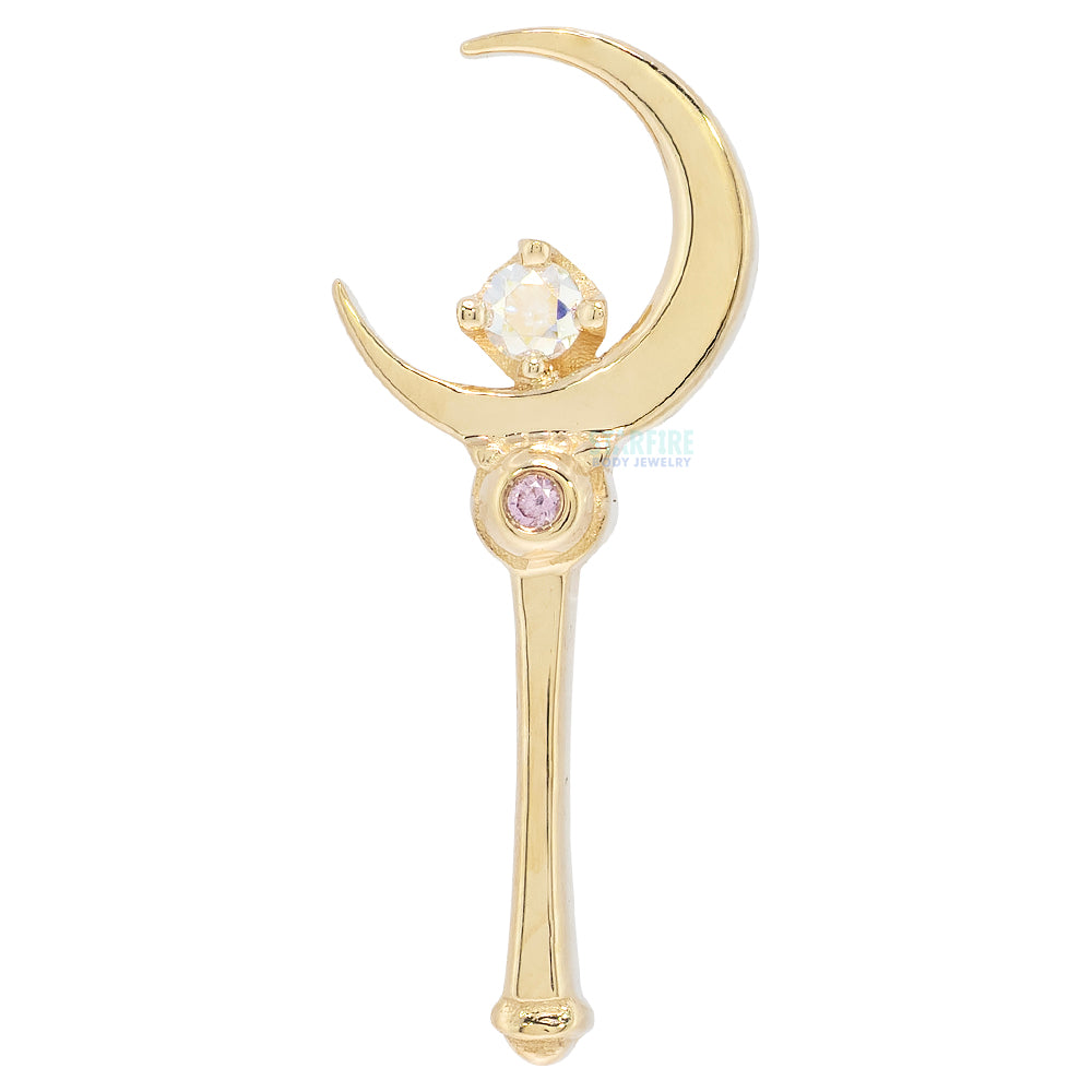 "Moon Crystal" Threaded End in Gold & Platinum with Aurora Borealis CZ & Light Pink Sapphire