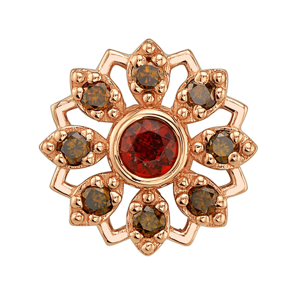 "Rosette" Threaded End in Gold & Platinum with Garnet & Chocolate Diamonds