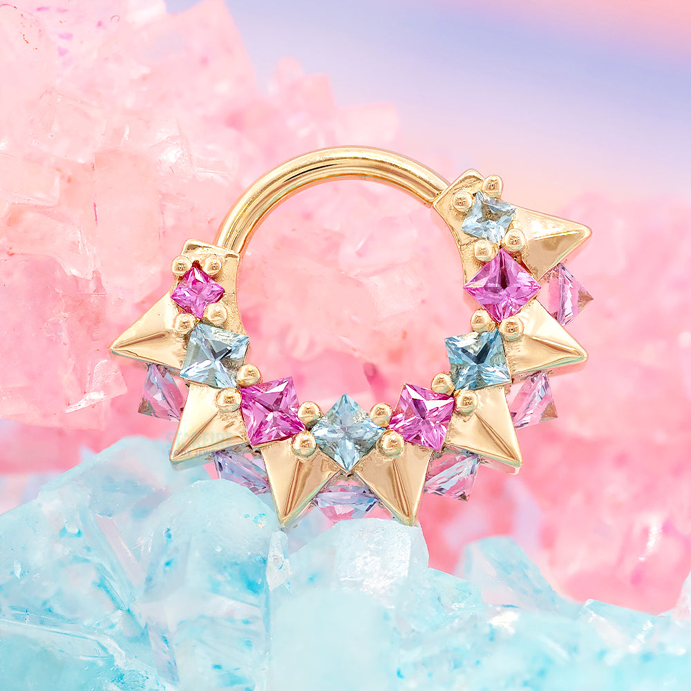 "Tara" Hinge Ring in Gold & Platinum with Swiss Blue Topaz, Pink Sapphire & Light Amethyst