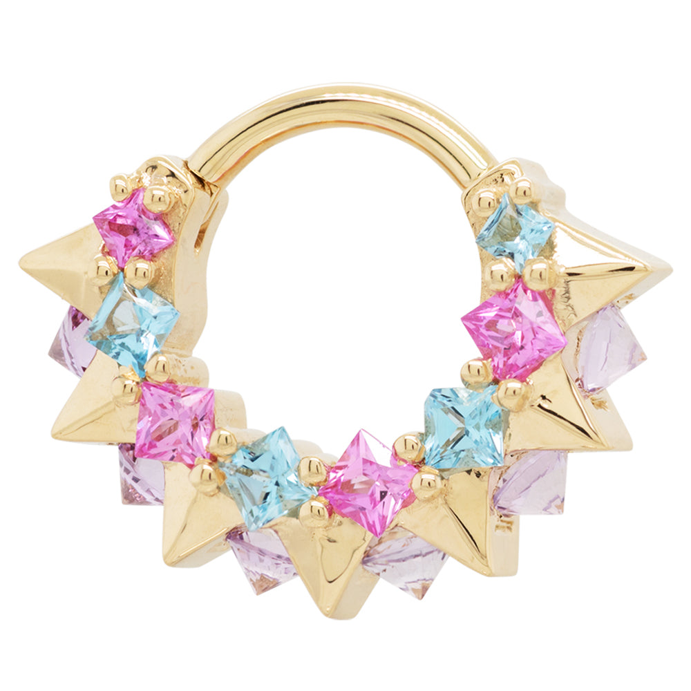 "Tara" Hinge Ring in Gold & Platinum with Swiss Blue Topaz, Pink Sapphire & Light Amethyst