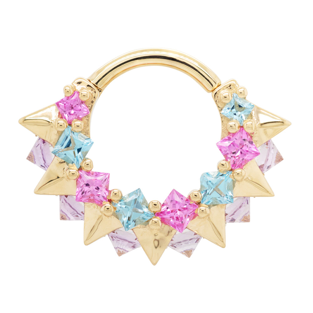 "Tara" Hinge Ring in Gold & Platinum with Swiss Blue Topaz, Pink Sapphire & Light Amethyst