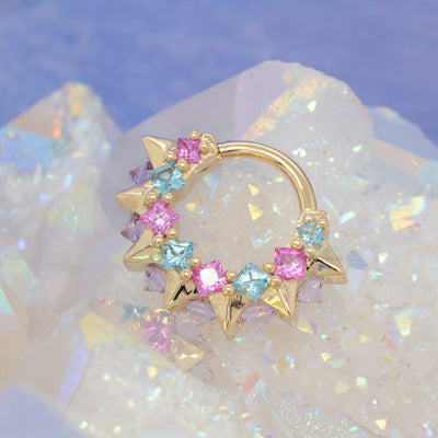 "Tara" Hinge Ring in Gold with Swiss Blue Topaz, Pink Sapphire & Light Amethyst