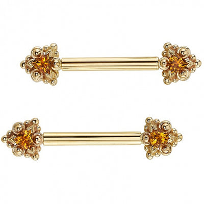 "Helana" Forward Facing Nipple Barbells in Gold with Citrine & Gold Beads