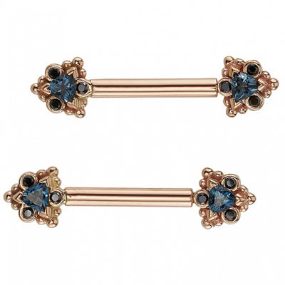 "Helana" Forward Facing Nipple Barbells in Gold with London Blue Topaz & Black Diamonds