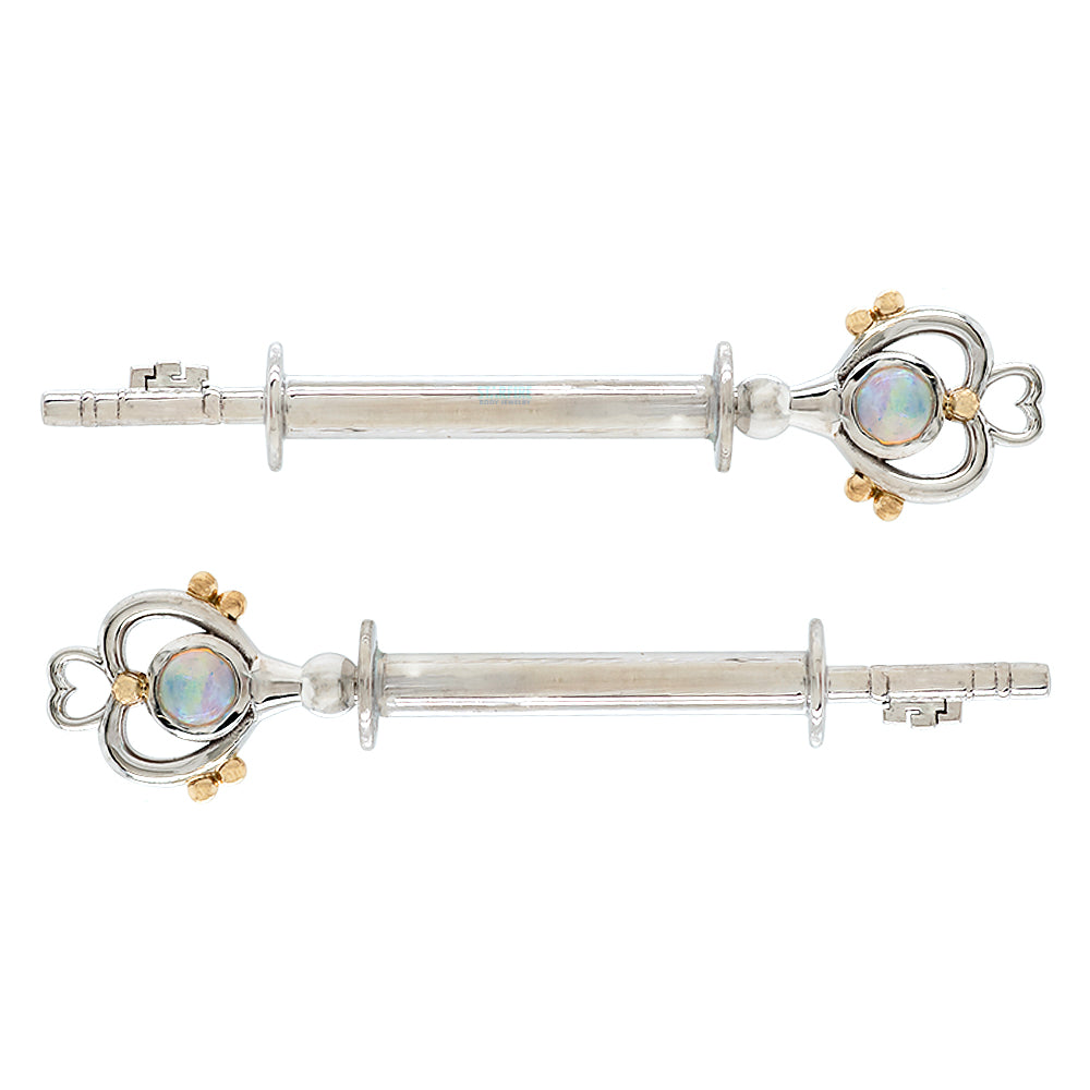 "Pluto" Forward Facing Nipple Barbells in Gold with Genuine White Opals