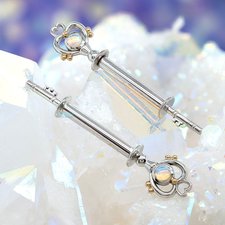 "Pluto" Forward Facing Nipple Barbells in Gold with Genuine White Opals