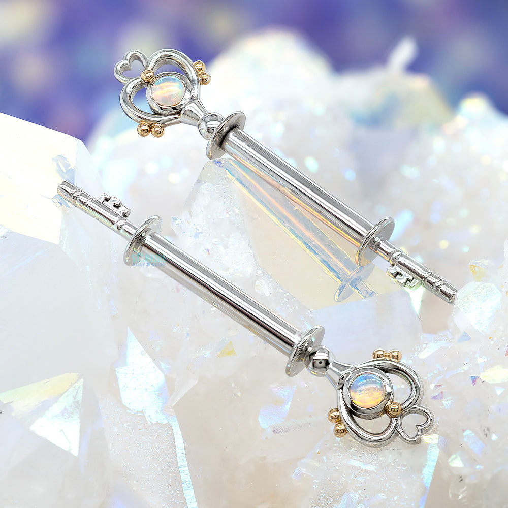 "Pluto" Forward Facing Nipple Barbells in Gold with Genuine White Opals