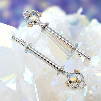 "Pluto" Forward Facing Nipple Barbells in Gold with Genuine White Opals