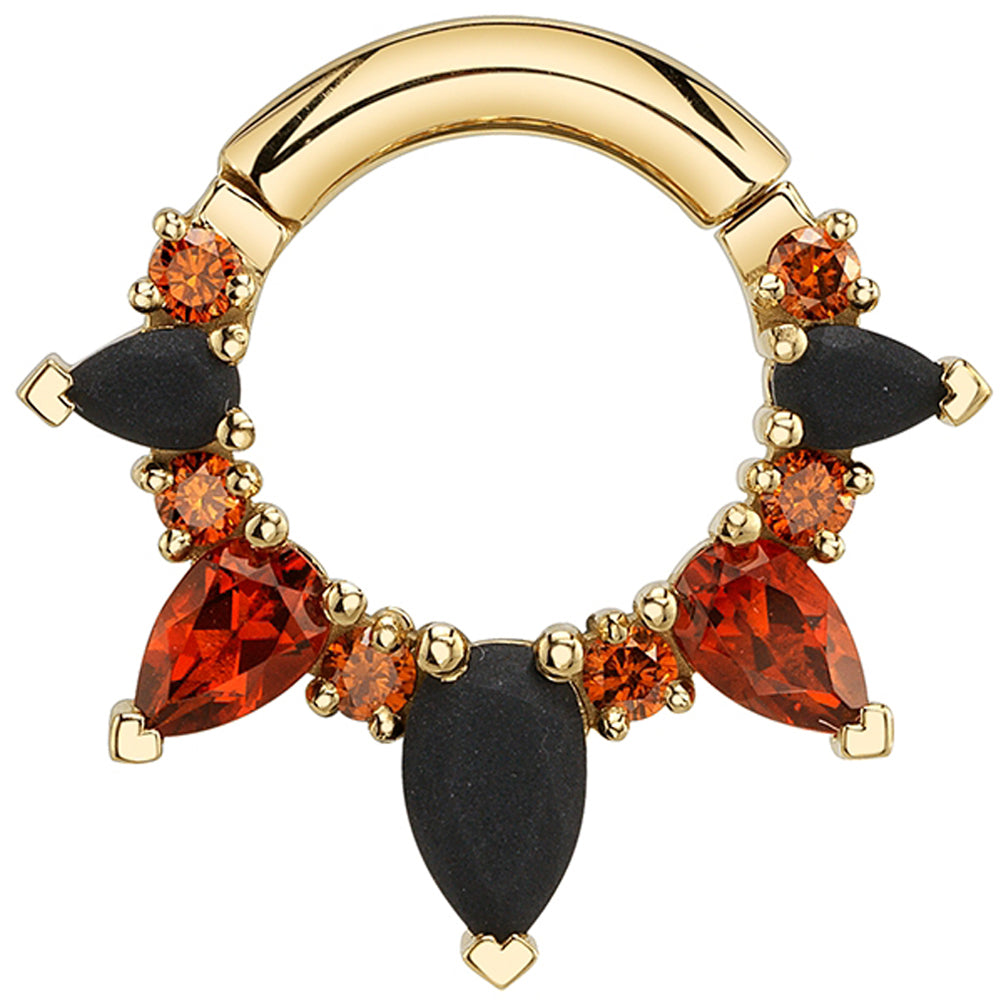 "Empress Rising" Hinge Ring in Gold & Platinum with Orange Cognac Diamond, Sandblasted Onyx & Madeira Citrine