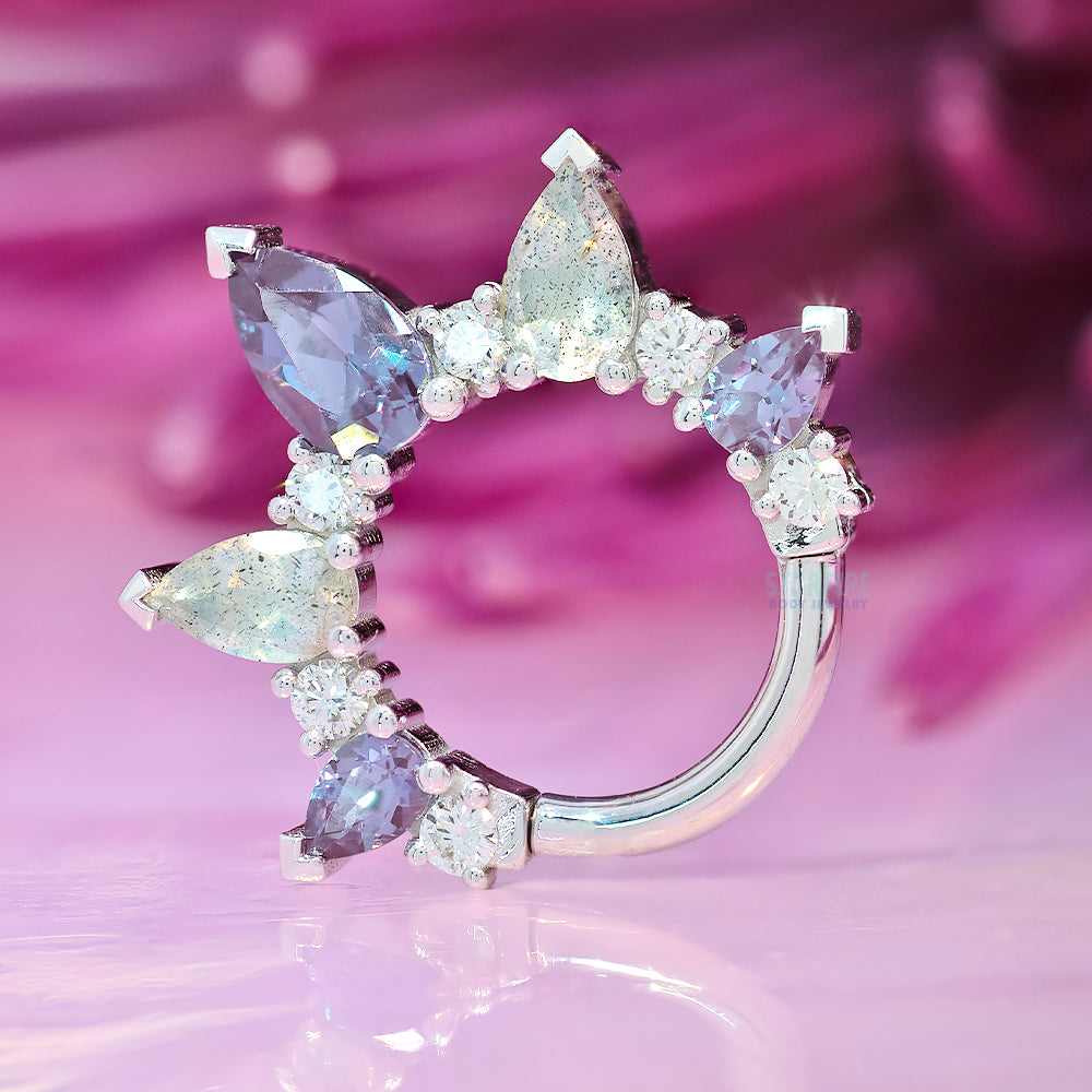 "Empress Rising" Hinge Ring in Gold with Chatham Alexandrite, Labradorite & Diamonds
