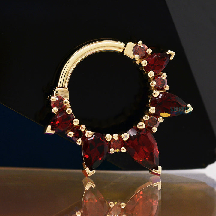 "Empress Rising" Hinge Ring in Gold & Platinum with Red Diamond & Garnet