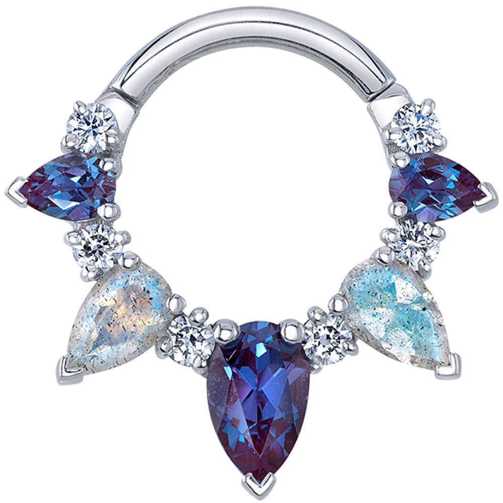 "Empress Rising" Hinge Ring in Gold with Chatham Alexandrite, Labradorite & Diamonds
